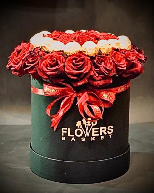 Box with red roses &amp; chocolate